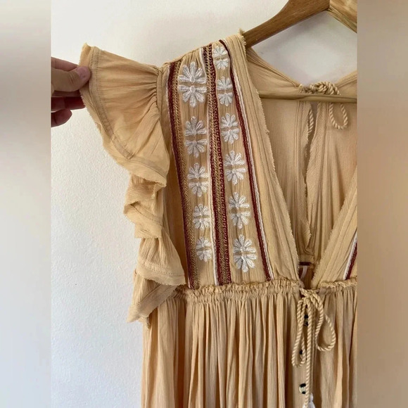 Free People Bali Will Wait For You Yellow Embroidered Gauzy Midi Dress Sz Medium - Picture 5 of 13